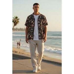 Vans Floral Button Up Shirt Men Small Black Pink Tropical Streetwear Festival